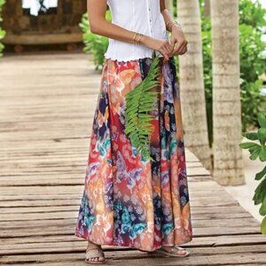 NWT Soft Surroundings Sz L Jardin D'eau Maxi Skirt Butterfly Garden Watercolor